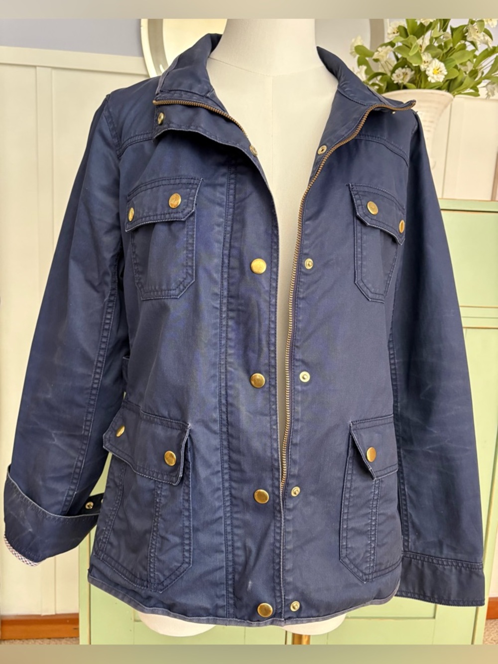J Crew Navy Blue Utility/Field Jacket in Waxed Cotton w Distinctive Gold Snaps M - Picture 10 of 15